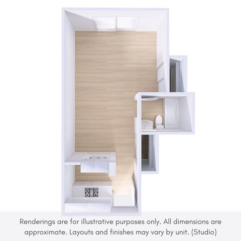 A rendering of a modern, minimalist bathroom with a wooden floor and white walls.